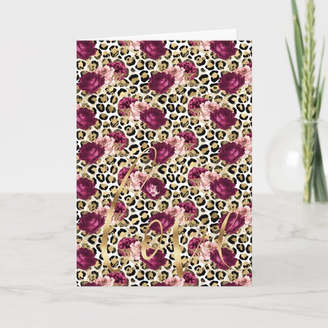 Cartão Amor Impresso do Leopardo Rosa Dourado (Frente)
