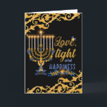 Cartão Amor, Luz e Felicidade de Chanucá<br><div class="desc">Elegante design de um Menorah iluminado adorava com ramos de oliveira e as palavras Amor,  Luz e Felicidade. Uma bela borda ouro sobre um fundo azul escuro. Dentro diz "Feliz Chanucá" com bastante espaço para você escrever sua dedicação à pessoa que receberá este cartão adorável.</div>