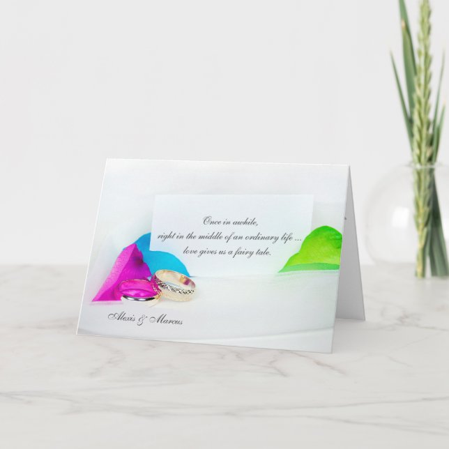 Cartão anéis de casamento com pétalas de rosa (Frente)