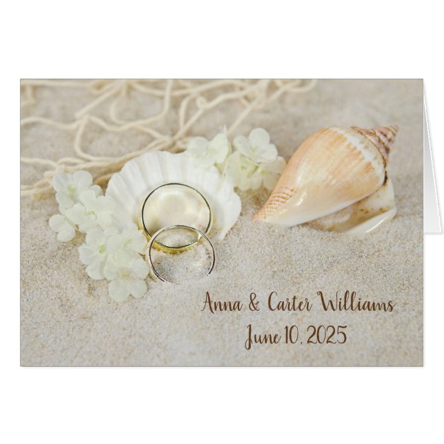 Cartão Anéis de Casamento e Seashell (Frente Horizontal)