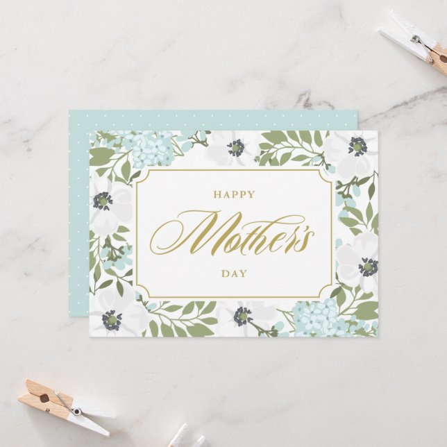 Cartão Anêmonas brancas Dia de as mães azul floral feliz (Frente/Verso In Situ)