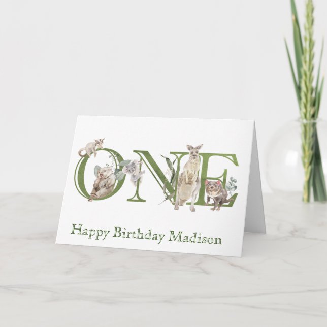 Cartão Animais Australianos 1rua Primeiro Aniversário (Frente)