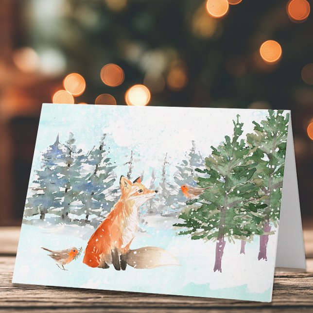 Cartão Animais da Floresta Natal em Aquarela (Woodland Fox Christmas Card)