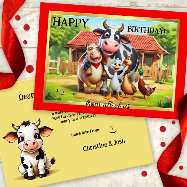 Cartão Animais de fazenda divertidos - Noite bonito (Birthday card featuring a colorful cute image of a gathering of farm animals)