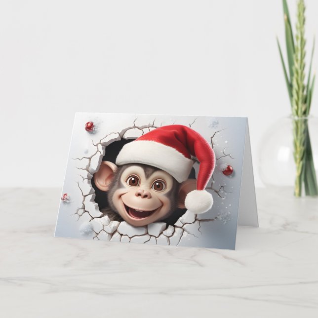 Cartão Animais de Natal Bonitos de Macaco em 3D (Frente)