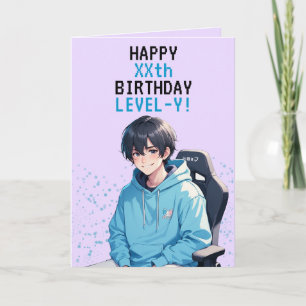 Cartão Anime Azul e Jogador Roxo Personalizado Aniversári
