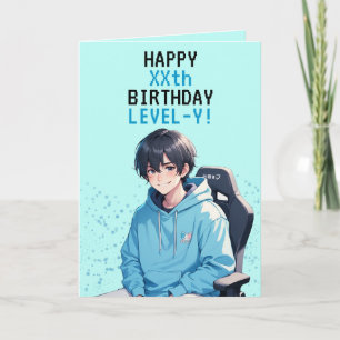 Cartão Anime Azul e Jogador Teal Personalizado Aniversári