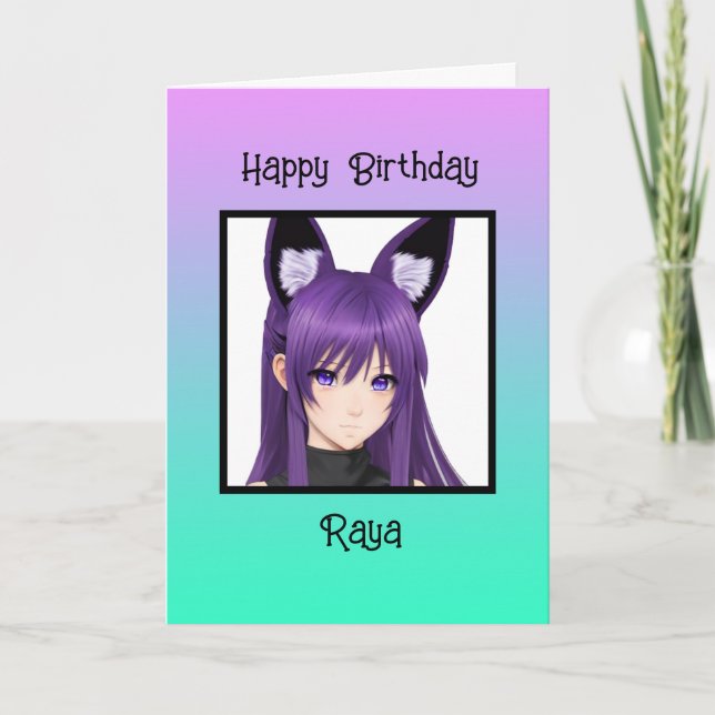 Cartão Anime Girl Purple Birthday Personalizado (Frente)