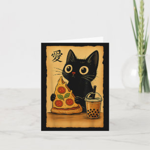 Cartão Anime Kawaii Japonês Gato Pizza Um Chá Gato Comend