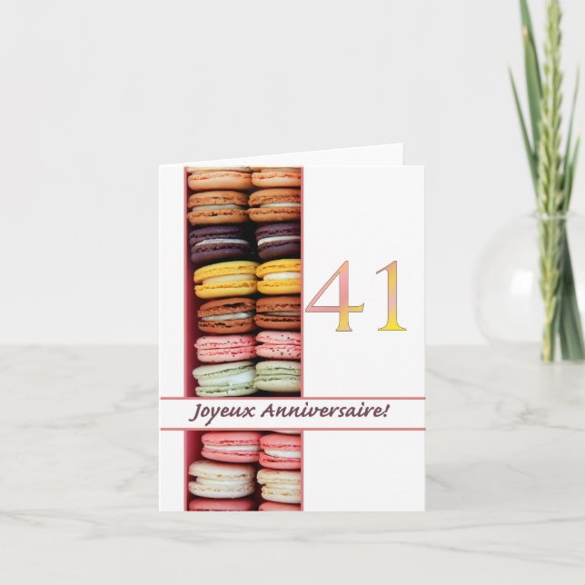 Cartão Aniversaire francês de 41 ruas, Macaron-Joyeux Ann (Frente)