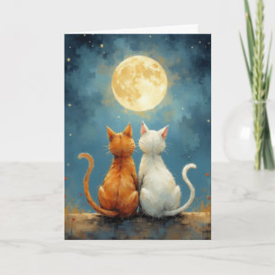 Cartão Aniversário Ama Gatos Sob Lua em Painterly