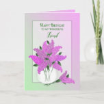 Cartão Aniversário, amigo, Lilacs em um vaso<br><div class="desc">O cumprimento bonito e encantador com lilacs em um vaso redondo com fundos cor-de-rosa/verdes do inclinação faz a isto um vencedor para
dando àquele especial alguém. Outras categorias disponíveis,  isto é agradecem-lhe,  pensando de você,  dos aniversários etc.</div>