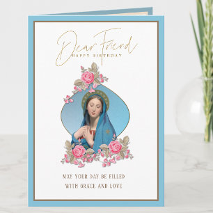 Cartão Aniversário Amigo Religioso Virgem Maria Rosas