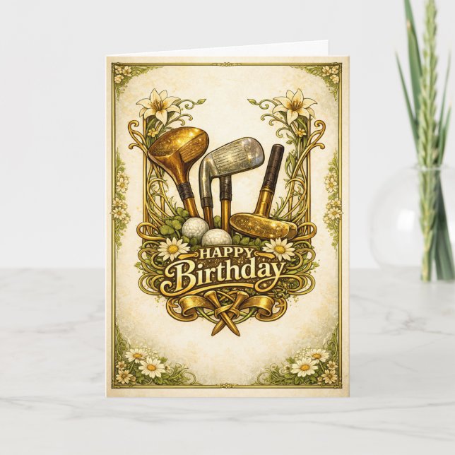 Cartão Aniversário Antigo Golfe Dourado (Frente)
