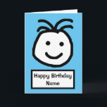 Cartão Aniversário Azul De Rosto Sorridente<br><div class="desc">Bela caricatura de um rosto sorridente com as palavras 'Parabéns'.  O cartão tem um simples fundo azul.  Personalize facilmente este cartão editando o texto modelo na parte frontal para adicionar um nome e palavras dentro.  Obrigados para ver meus designs!</div>