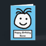 Cartão Aniversário Azul De Rosto Sorridente<br><div class="desc">Bela caricatura de um rosto sorridente com as palavras 'Parabéns'.  O cartão tem um simples fundo azul.  Personalize facilmente este cartão editando o texto modelo na parte frontal para adicionar um nome e palavras dentro.  Obrigados para ver meus designs!</div>