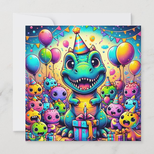 Cartão Aniversário Bash T-Rex e Amigos Celebração de Aniv (Frente)