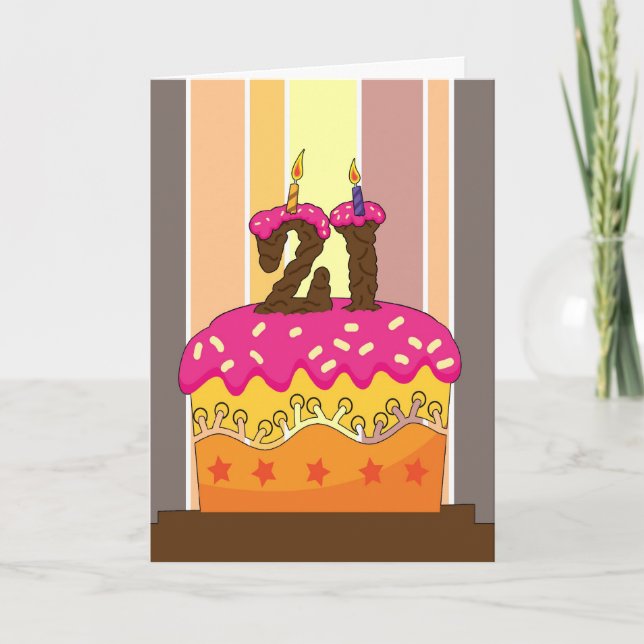 Cartão aniversário - bolo com vela 21 - aniversário de 21 (Frente)