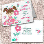 Cartão Aniversário bonito da menina do joaninha<br><div class="desc">Este cartão de aniversário bonito para uma menina caracteriza uma menina adorável vestida em um vestido cor-de-rosa e branco das bolinhas e cerceta e antenas cor-de-rosa vestir-se. Poucos insetos da senhora das bolinhas e uma flor cor-de-rosa são ao lado dela. Seu texto feito sob encomenda está no verde cor-de-rosa e...</div>