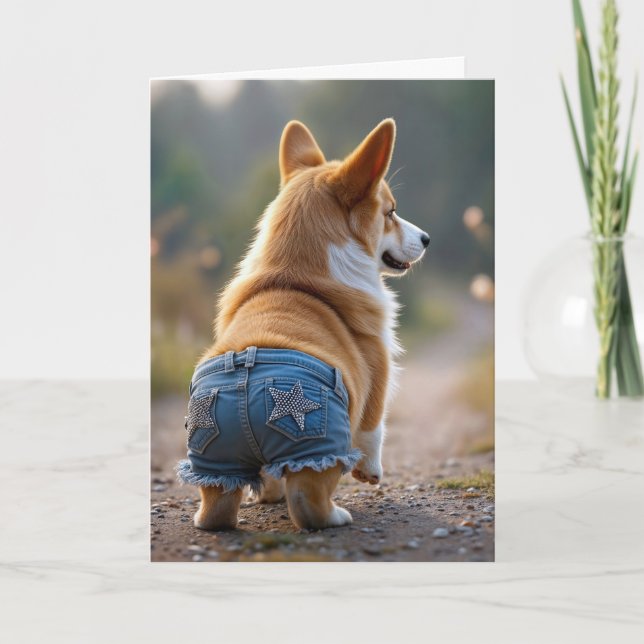 Cartão Aniversário Cachorro Corgi Vestindo Azul Jean Shor (Frente)