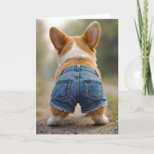 Cartão Aniversário Cachorro Corgi Vestindo Azul Jean Shor