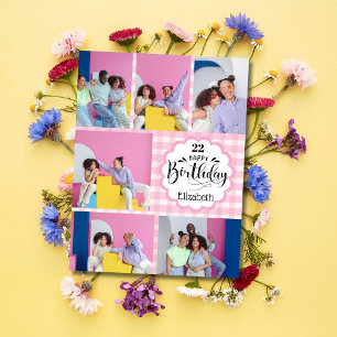 Cartão Aniversário Colagem de 7 Fotos Rosa Feminino Qualq