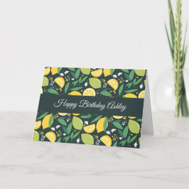 Cartão Aniversário com padrão de frutas limão amarelo e l