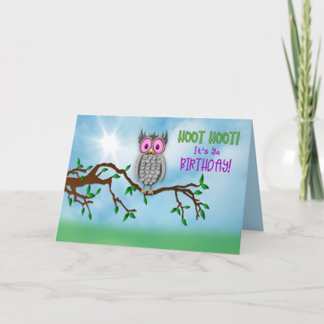 Cartão Aniversário, Coruja em óculos de sol, Hoot, Hoot! (Frente)