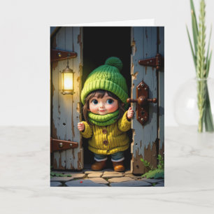 Cartão Aniversário Cute Munchkin por uma velha porta