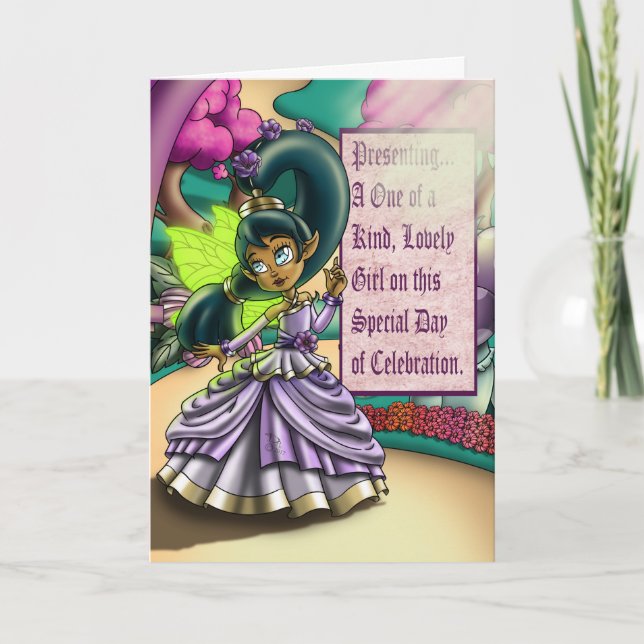 Cartão Aniversário da afro-americana Fada e Flor Roxo (Frente)