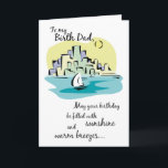Cartão Aniversário da Cidade do Pai de Nascimento<br><div class="desc">O teu Pai do Nascimento gosta do mar? Depois encontraram a carta certa para desejar ao seu Pai de Nascimento um aniversário muito feliz. Uma ilustração colorida de um veleiro no oceano ao lado de uma cidade para fazê-lo sorrir em seu dia especial.</div>