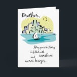 Cartão Aniversário da cidade do veleiro do irmão<br><div class="desc">Uma ilustração muito bonito de um veleiro ao lado de uma cidade em um dia ensolarado. Aperfeiçoe para desejar um feliz aniversario muito a um irmão que goste do mar.</div>