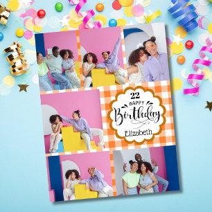 Cartão Aniversário da Colagem de Fotos Laranja 7 em Qualq