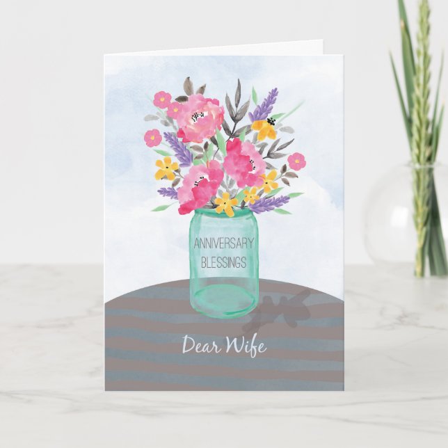 Cartão Aniversário da Esposa Abençoa Jar Vase com Flores (Frente)