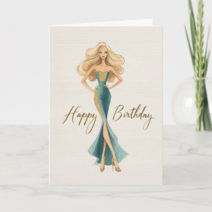 Cartão Aniversário da Fashionista Chic Teal Dourado