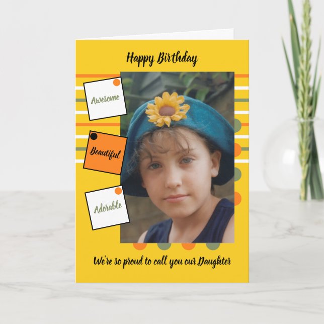 Cartão Aniversário da foto da filha amarela alaranjada (Frente)