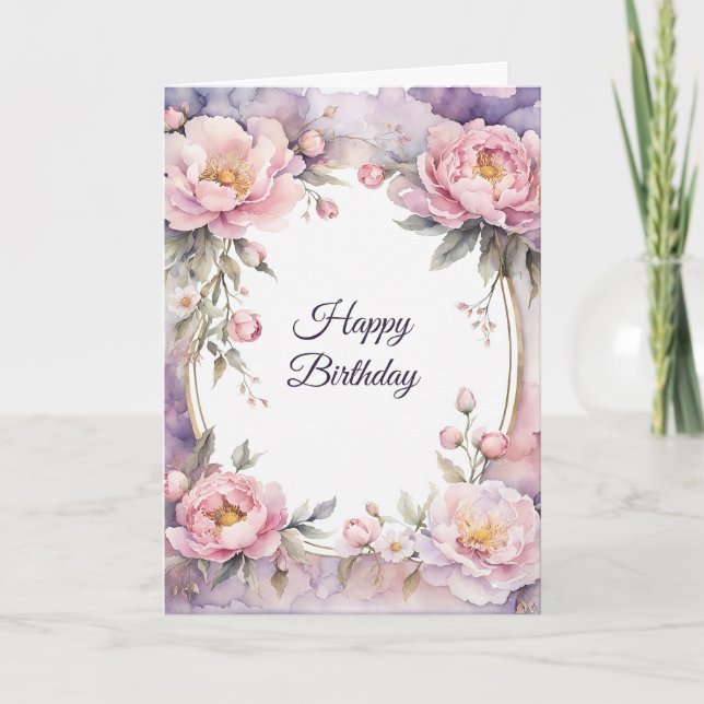 Cartão Aniversário da Frame Oval de Peony Rosa na moda (Frente)