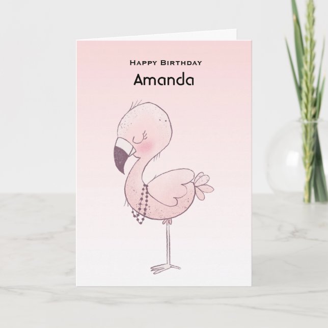Cartão Aniversário da Ilustração Flamingo Cor-de-Rosa (Frente)