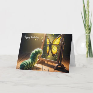 Cartão Aniversário da lagarta verde a olhar para uma borb