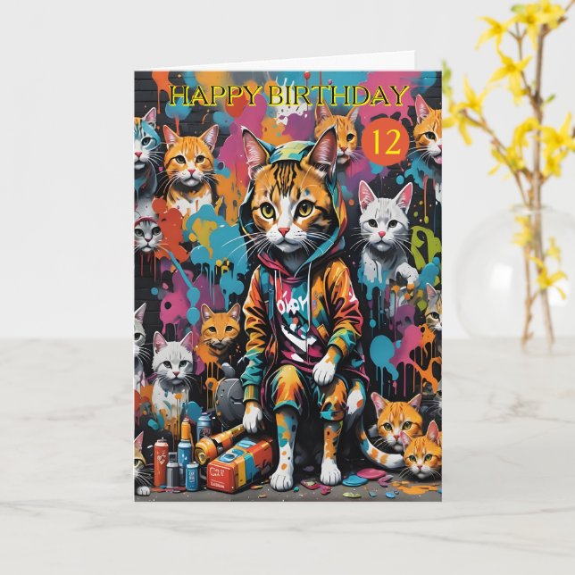 Cartão Aniversário Da Legenda Do Artista De grafite Gato  (Flor Amarela)