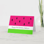 Cartão Aniversário da Melancia Cólatra<br><div class="desc">Um cartão de aniversário de melancia,  que você pode personalizar facilmente com a idade e o nome da criança na frente. Dentro lê uma mensagem de aniversário que você também pode mudar facilmente.</div>