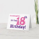 Cartão Aniversário da neta o 18o no roxo, cor-de-rosa<br><div class="desc">Um fundo branco que caracteriza o texto roxo e cor-de-rosa,  neste divertimento,  cumprimento do aniversário para uma neta. Meus cumprimentos engraçados da mente.</div>