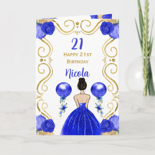 Cartão Aniversário da Princesa Marrom Hair Princesa Azul 