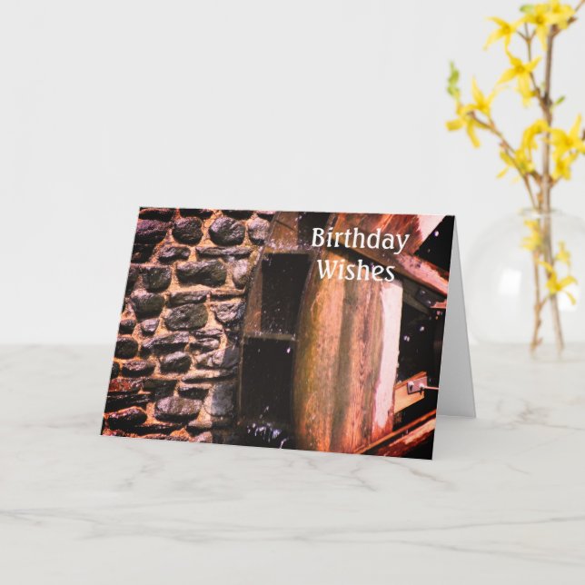 Cartão Aniversário da Roda de Água de Madeira (Flor Amarela)