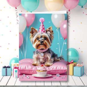 Cartão Aniversário da Sobrinha Yorkie Rosa Fofa