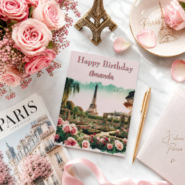 Cartão Aniversário da Torre Eiffel de Paris e Rosas Cor-d