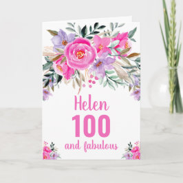 Cartão aniversário de 100 anos floral aquarela rosa