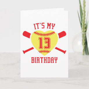 Cartão Aniversário de 13 Anos Coração Softbol Aniversário