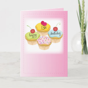 Cartão Aniversário de 13 para Garota, Cupcakes a Rosa
