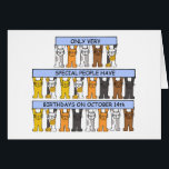 Cartão Aniversário de 14 de outubro Gatos de Cartoon<br><div class="desc">Três filas de gatinhos bonitos de desenho animado segurando faixas de cor azul pastel que dizem: "Apenas pessoas muito especiais têm aniversários em 14 de outubro".</div>